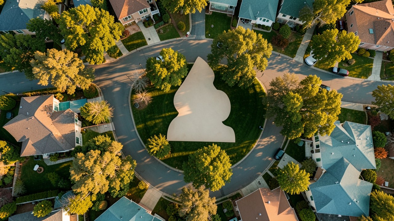 Aerial view of a suburban neighborhood with varied roof colors, suggesting a range of homeownership opportunities.