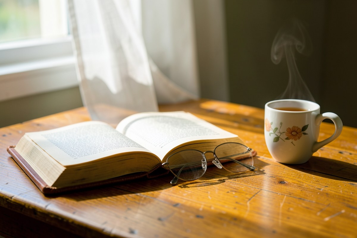 Sunlit study with an open book and reading glasses, evoking a place of research and information.