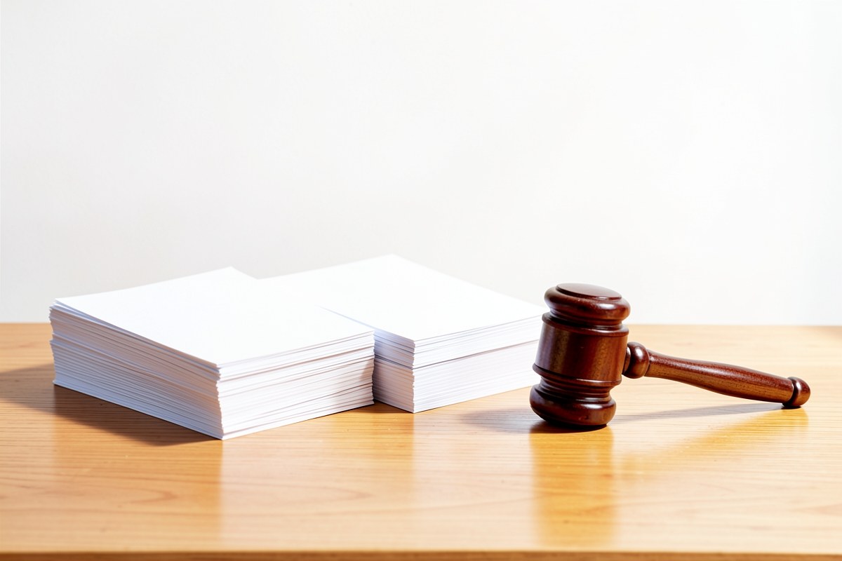 Balanced stacks of documents and a gavel on a table, suggesting rules and agreements.
