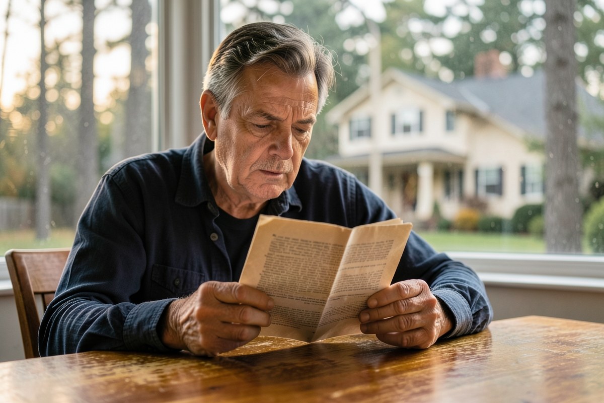 A person reading a document with a thoughtful expression, with a blurred house in the background, indicating careful consideration.