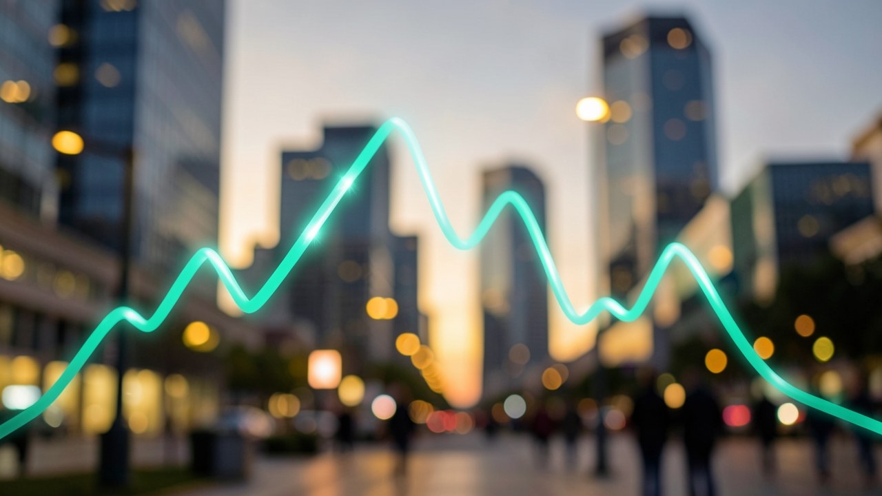 A stylized line graph overlaid on a blurred cityscape, abstractly representing economic factors affecting rates.