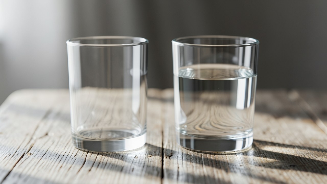 Two contrasting glasses on a table, one empty and one filled with water, symbolizing the difference between a rate and the full cost.