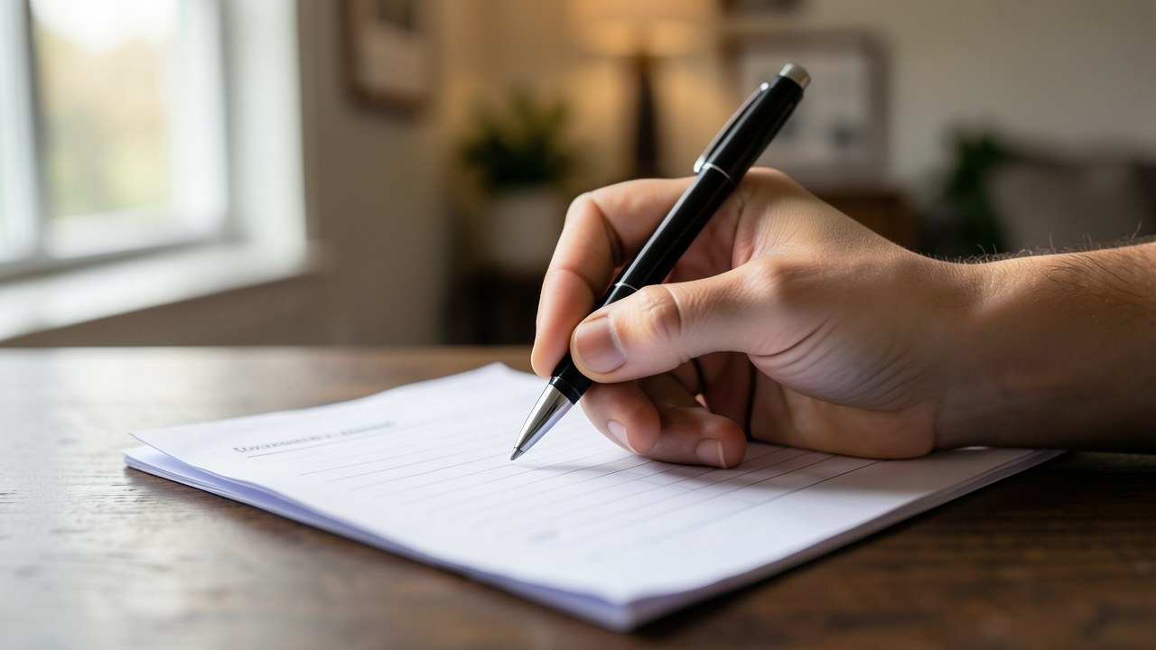 Close-up of a hand writing on a credit application, with a blurred home in the background, illustrating the personal impact on lending.