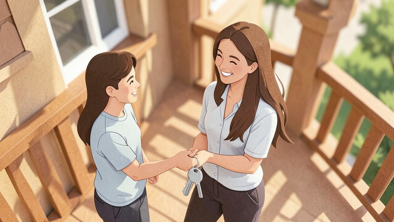 A young couple receives keys to a new home from a smiling agent, symbolizing the joy of first homeownership.