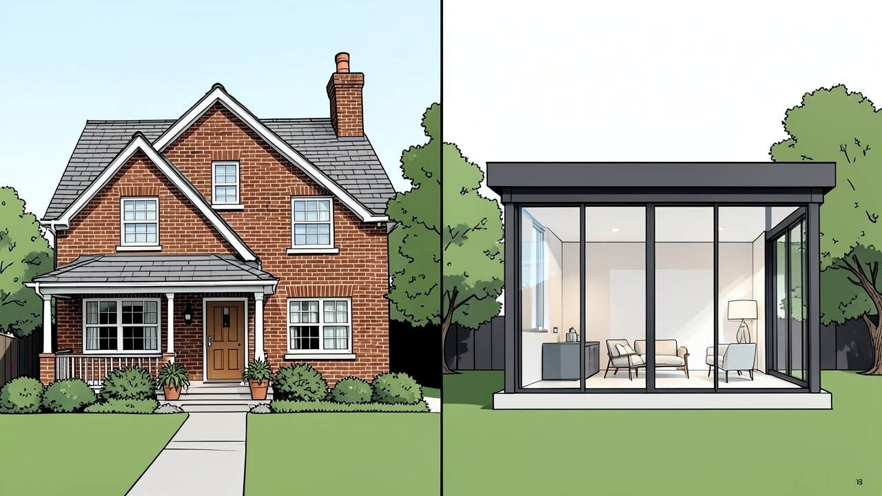 Two different types of houses side by side—a classic brick home and a modern glass house—illustrating different mortgage options.