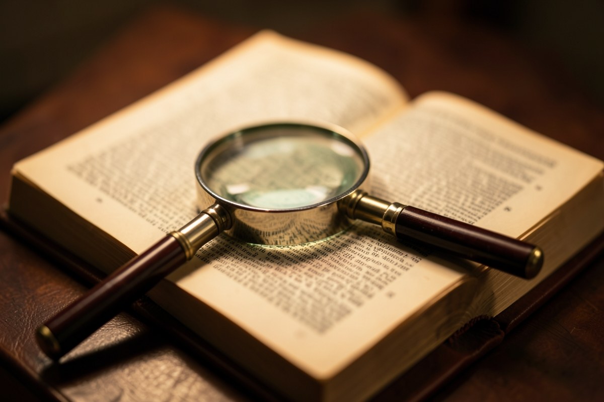 An open dictionary with a magnifying glass over a page, symbolizing the search for definitions.