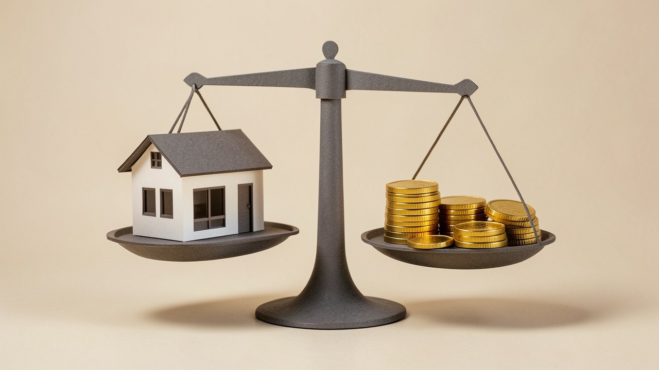 A balance scale with coins on one side and a house on the other, symbolizing the financial break-even point.
