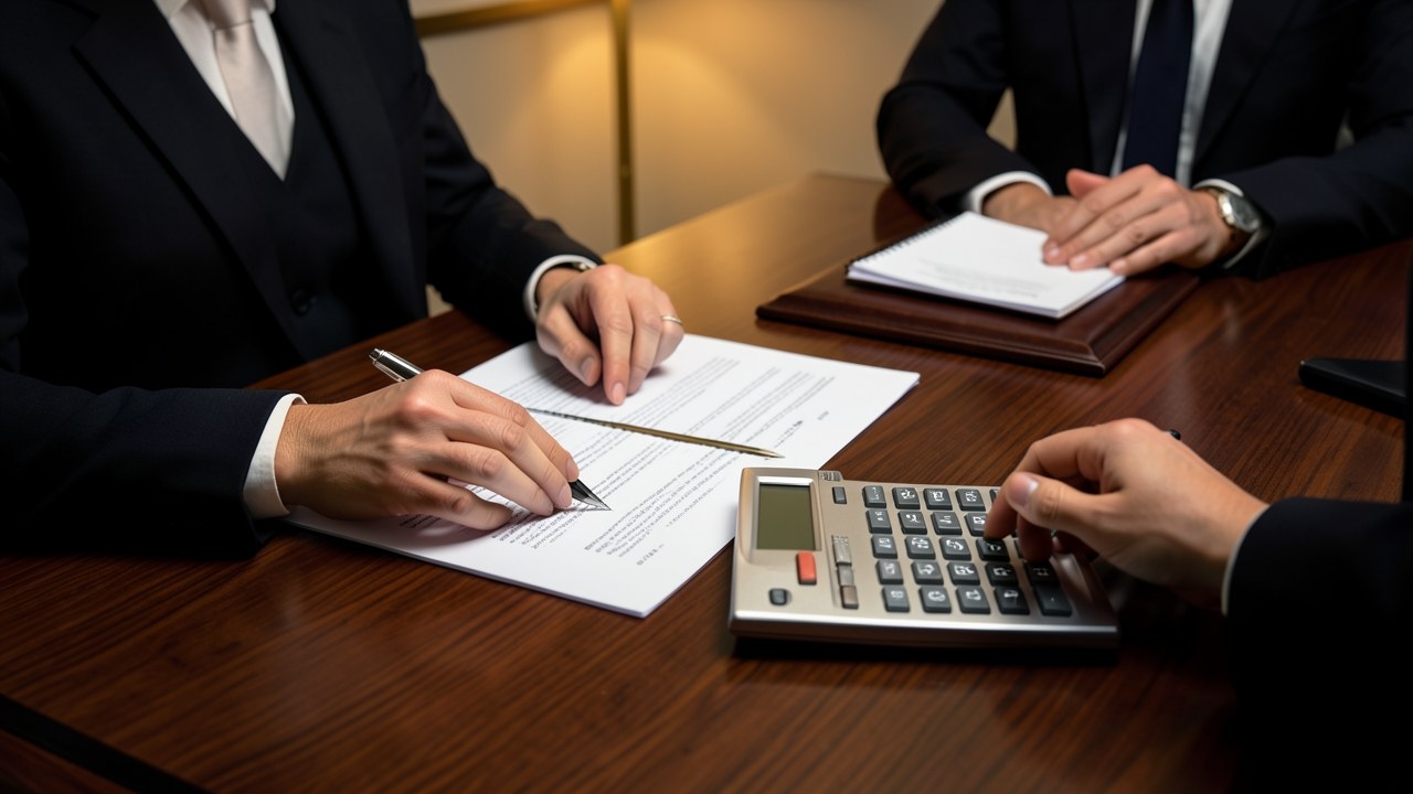 A person reviewing documents with a calculator, while a notary witnesses the signing, symbolizing the refinance process.