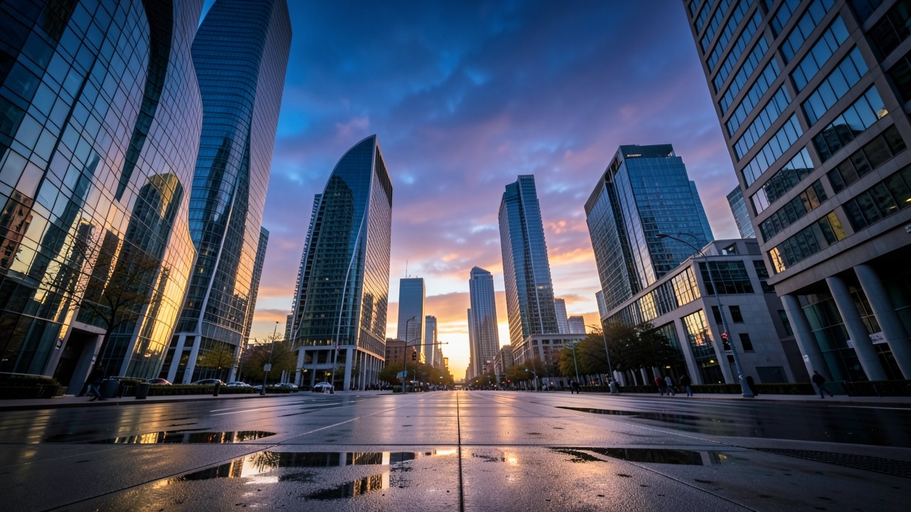 A bright financial district skyline with a strong upward arrow shape formed by cloud patterns, symbolizing a positive outlook.