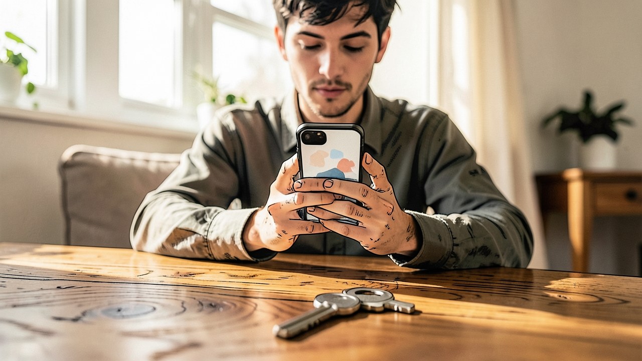 A person using a smartphone to compare rates from different banks, with a house key on the table.